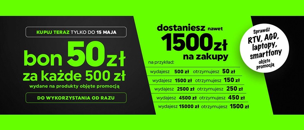 Promocja "50 za 500 zł" w Neonet - kup promocyjny sprzęt i odbierz bon  wartości 50 zł za każde wydane 500 zł!