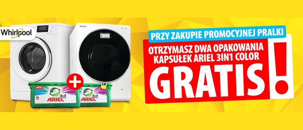 Kup promocyjną pralkę WHIRLPOOL i odbierz 2 opakowania kapsułek ARIEL 3in1 Color gratis w promocji Media Expert!