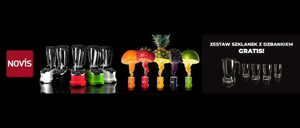 Kup wybraną wyciskarkę lub blender marki NOVIS i odbierz w prezencie komplet szklanek z dzbankiem!