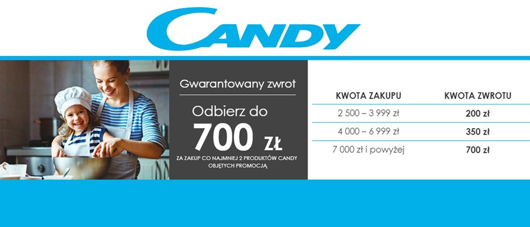 Promocja AGD w Media Expert Kup sprzęt AGD CANDY i odbierz nawet 700 złotych zwrotu cashback! Kup sprzęt AGD CANDY i odbierz nawet 700 złotych zwrotu cashback!